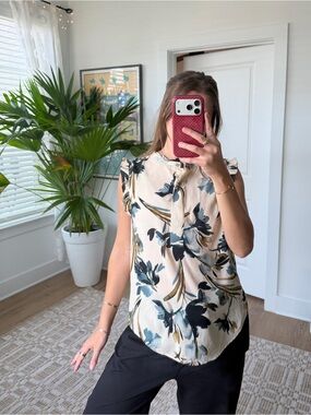 Dkny Cream Floral Cap-Sleeve Blouse with Navy and Olive Print